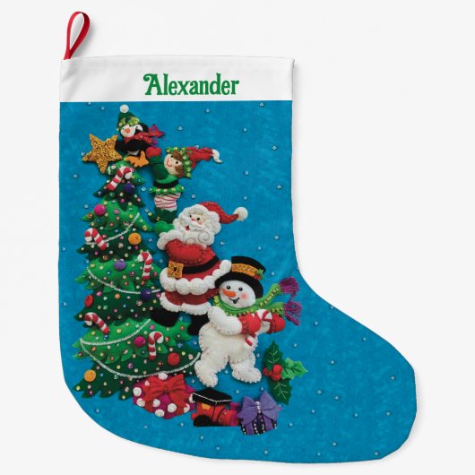 Jouw naam Personaliseert Fun Santa Snowman Blue Gr Grote Kerstsok (Voorkant)