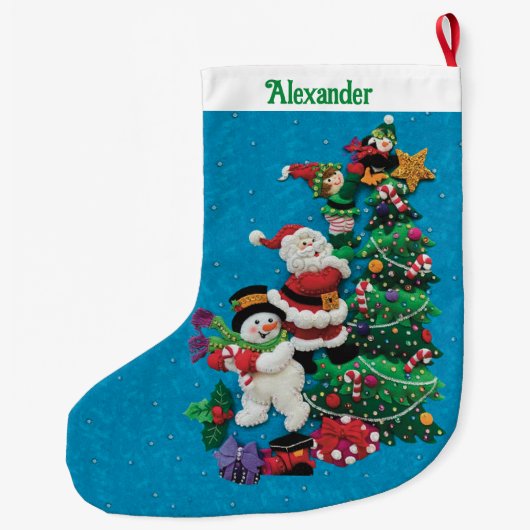 Jouw naam Personaliseert Fun Santa Snowman Blue Gr Grote Kerstsok (Achterkant)
