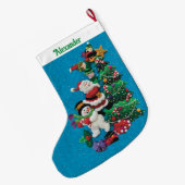 Jouw naam Personaliseert Fun Santa Snowman Blue Gr Grote Kerstsok (Achterkant (Hangend))
