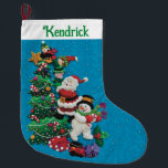 Jouw naam Personaliseert Fun Santa Snowman Blue Gr Grote Kerstsok<br><div class="desc">Jouw naam personaliseert Fun Santa Snowman Red Green Large kerststop</div>
