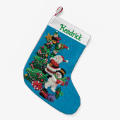 Jouw naam Personaliseert Fun Santa Snowman Blue Gr Kleine Kerstsok (Voorkant (Hangend))