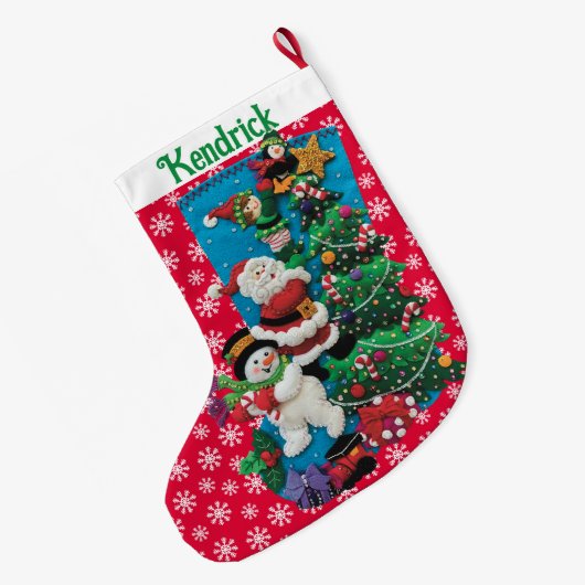 Jouw naam personaliseert Fun Santa Snowman Red Gre Grote Kerstsok (Achterkant (Hangend))