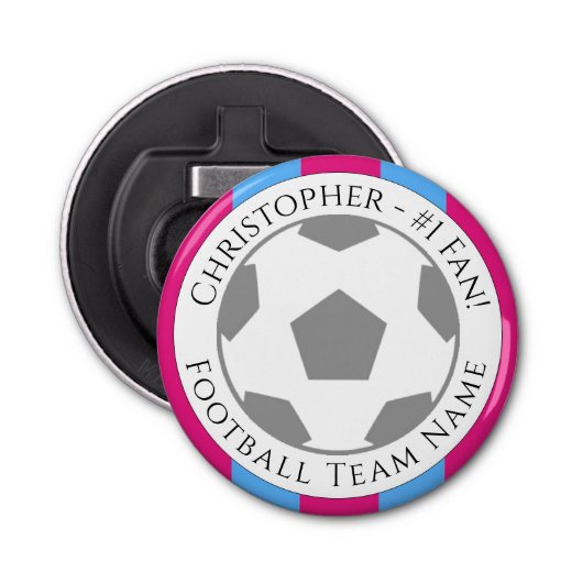 Jouw naam plus naam van Football team Button Flesopener (Voorkant)