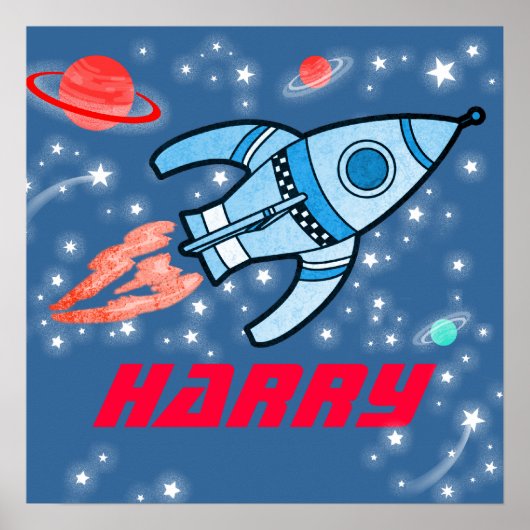 Jouw naam raket ruimte jongens blauw rood poster (Voorkant)
