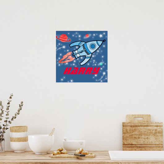 Jouw naam raketruimte jongens blauw rood poster (Keuken)