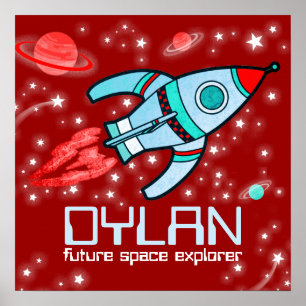 Jouw naam raketruimtejongens rood poster
