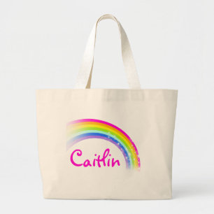 "jouw naam" regenboog roze / lichte canvas tas