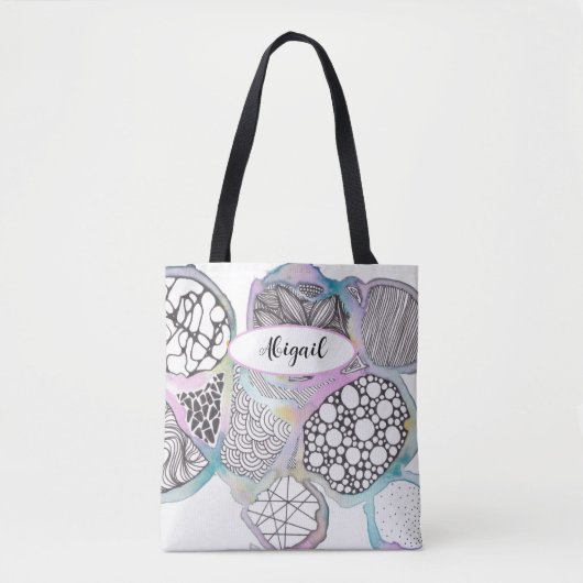 Jouw naam,  roze en blauwe pasteldoedle kunst tote bag (Voorkant)