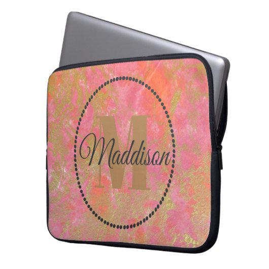 Jouw naam roze marmer Gold van het moderne patroon Laptop Sleeve (Voorkant Links)