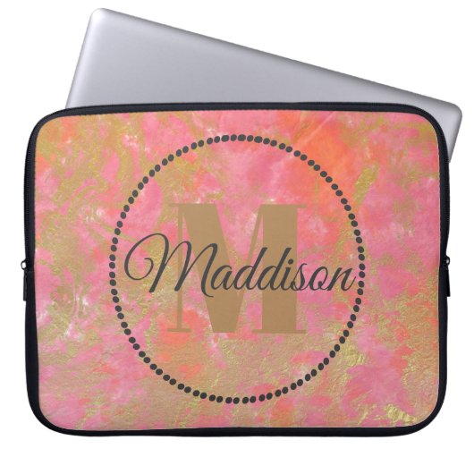 Jouw naam roze marmer Gold van het moderne patroon Laptop Sleeve (Voorkant)