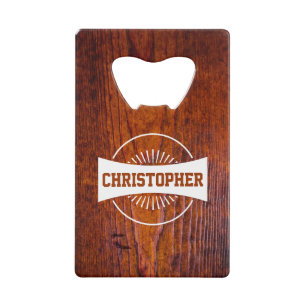 Jouw naam Rustic Wood Retro Logo Monogram Creditkaart Flessenopener