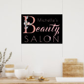 Jouw naam schoonheidssalon floral glitter roze zwa poster (Keuken)