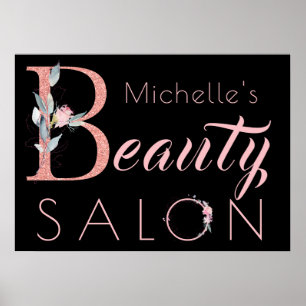 Jouw naam schoonheidssalon floral glitter roze zwa poster