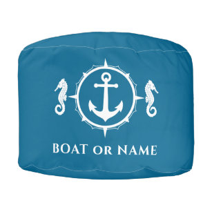 Jouw naam Seahorse Nautical Boat Anchor Aqua Blue Poef