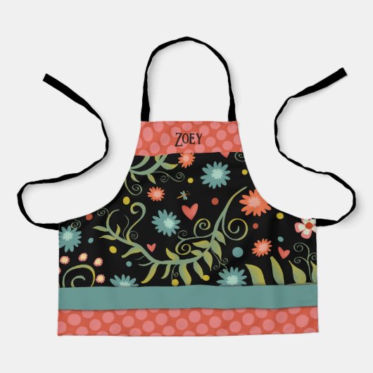 Jouw naam Stijlvolle Bloemen Roze Stippen Inspirat Schort (Voorkant)