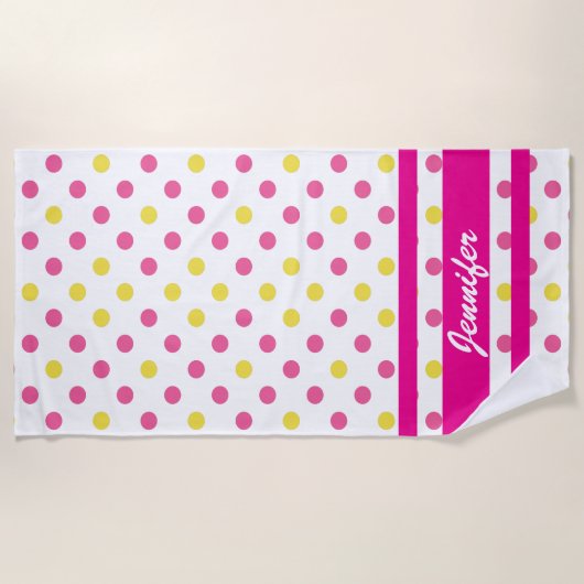 Jouw naam - Summer Blue en Yellow Polka Dots Strandlaken (Voorkant)