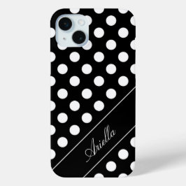 Jouw naam / Tekst Sjabloon, Polka dot Zwart & Wit iPhone 15 Mini Hoesje