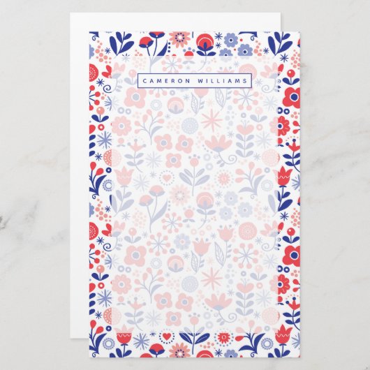 Jouw naam toevoegen | Blauw- en koraalpatroon Briefpapier (Voorkant / Achterkant)