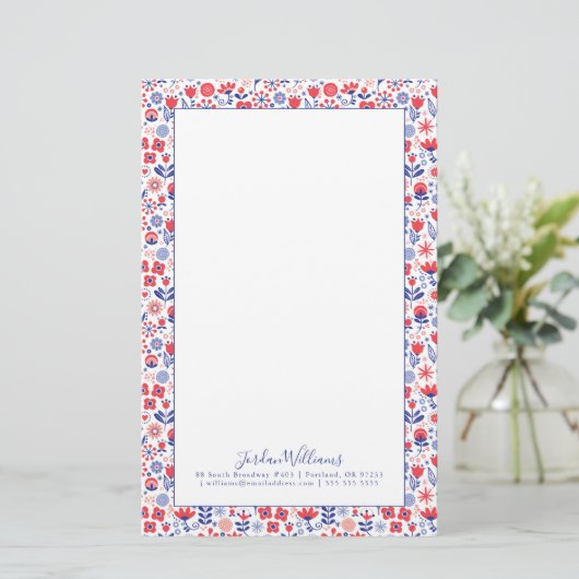 Jouw naam toevoegen | Blauw- en koraalpatroon Briefpapier (Staand voorkant)