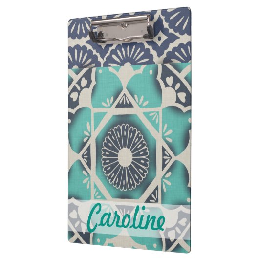 Jouw naam toevoegen | Blauwe batik Tile II Klembord (Links)