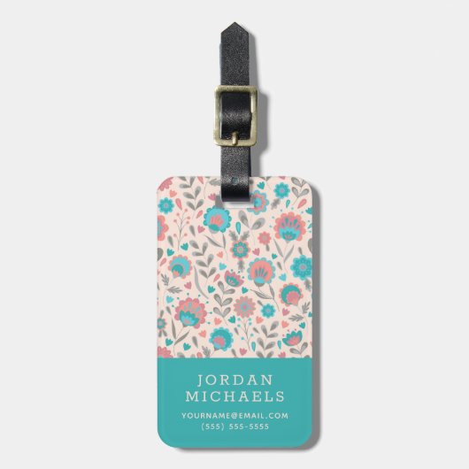Jouw naam toevoegen | Blauwgroen- en koraalfolkkun Bagagelabel (Voorkant verticaal)