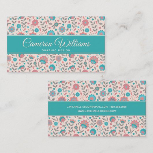 Jouw naam toevoegen | Blauwgroen- en koraalfolkkun Visitekaartje (Voorkant / Achterkant)