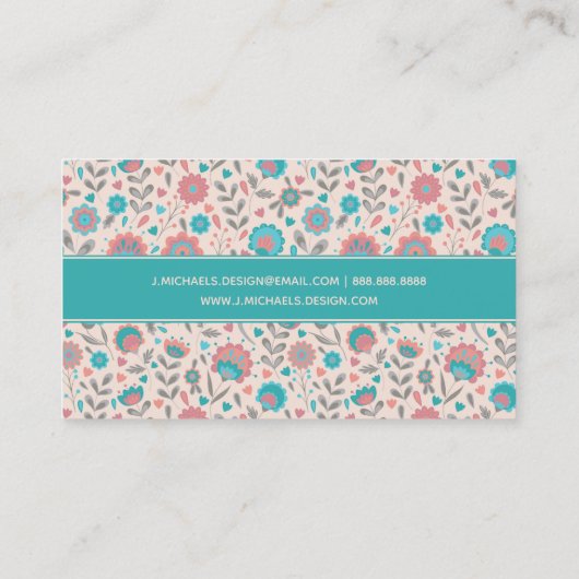 Jouw naam toevoegen | Blauwgroen- en koraalfolkkun Visitekaartje (Achterkant)