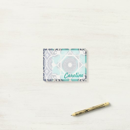 Jouw naam toevoegen | Blue Batik Tegel II Post-it® Notes (Op bureau)