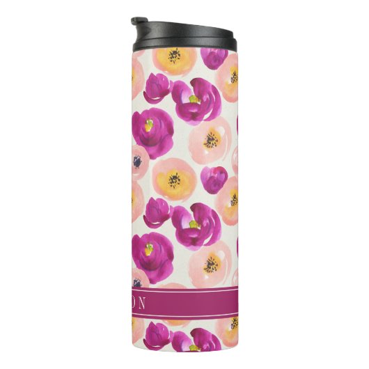 Jouw naam toevoegen | Botanisch patroon Waterverf Thermosbeker (Geroteerd rechts)