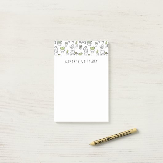 Jouw naam toevoegen | Cute Alpaca & Cactus Pattern Post-it® Notes (Op bureau)