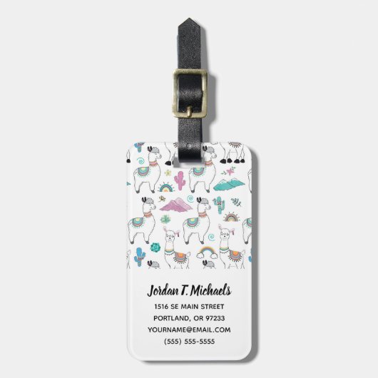 Jouw naam toevoegen | Cute Cartoon Llama Pattern Bagagelabel (Voorkant verticaal)