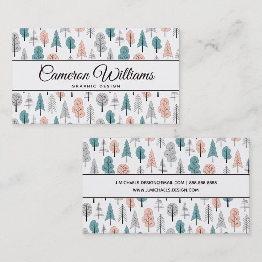 Jouw naam toevoegen | Cute Doodle Forest Pattern Visitekaartje (Voorkant / Achterkant)