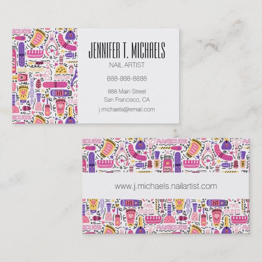 Jouw naam toevoegen | Cute Doodle Manicure Pattern Visitekaartje (Voorkant / Achterkant)