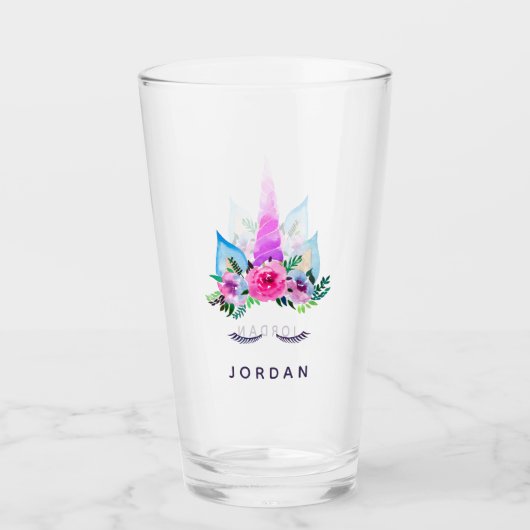Jouw naam toevoegen | Cute Magical Unicorn Face Glas (Voorkant)