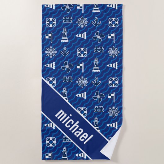 Jouw naam toevoegen | Cute Nautical Waves Pattern Strandlaken (Voorkant)