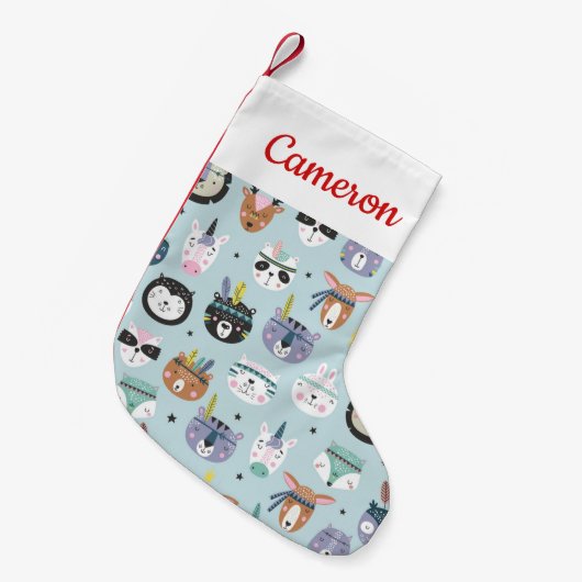 Jouw naam toevoegen | Cute Tribal Face Pattern Kleine Kerstsok (Voorkant (Hangend))