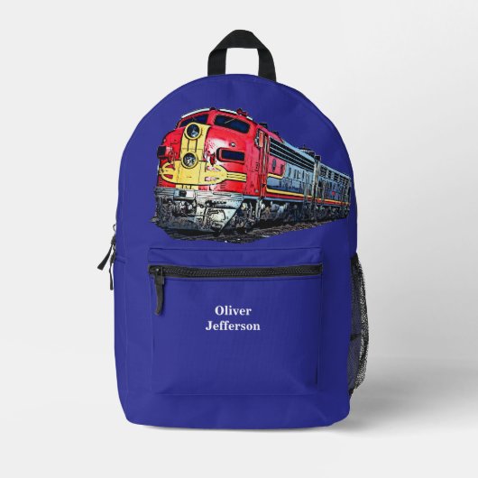 Jouw naam toevoegen - Diesellocomotief op blauw Bedrukte Rugzak (Voorkant)