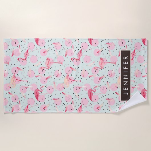 Jouw naam toevoegen | Flamingo Feathers op poka Do Strandlaken (Voorkant)