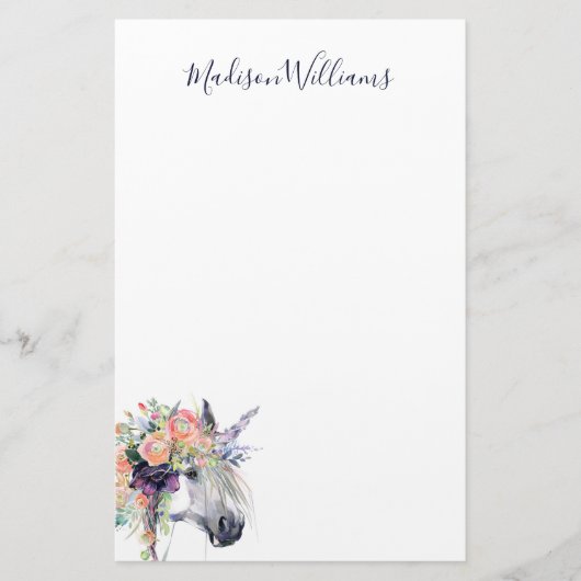 Jouw naam toevoegen | Floral-drukte Unicorn Briefpapier (Voorkant)