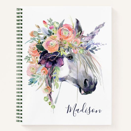 Jouw naam toevoegen | Floral-drukte Unicorn Notitieboek (Voorkant)