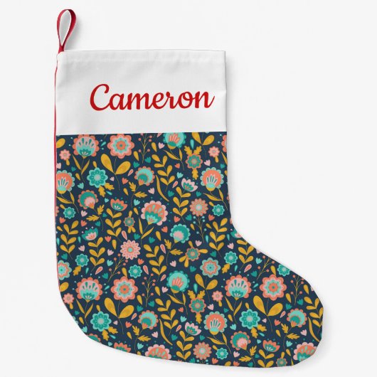 Jouw naam toevoegen | Folk Art Flower Pattern Kleine Kerstsok (Voorkant)