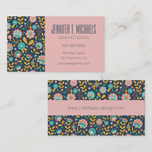 Jouw naam toevoegen | Folk Art Flower Pattern Visitekaartje (Voorkant / Achterkant)