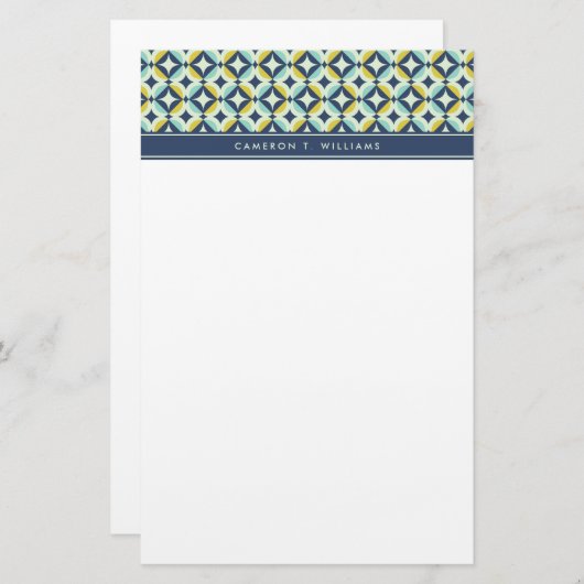 Jouw naam toevoegen | Geometrisch goud- en blauw p Briefpapier (Voorkant / Achterkant)