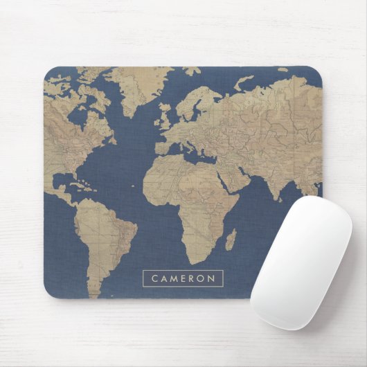Jouw naam toevoegen | Goud en blauwe Wereldkaart Muismat (Met muis)