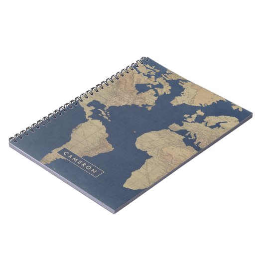 Jouw naam toevoegen | Goud en blauwe Wereldkaart Notitieboek (Linkerzijde)