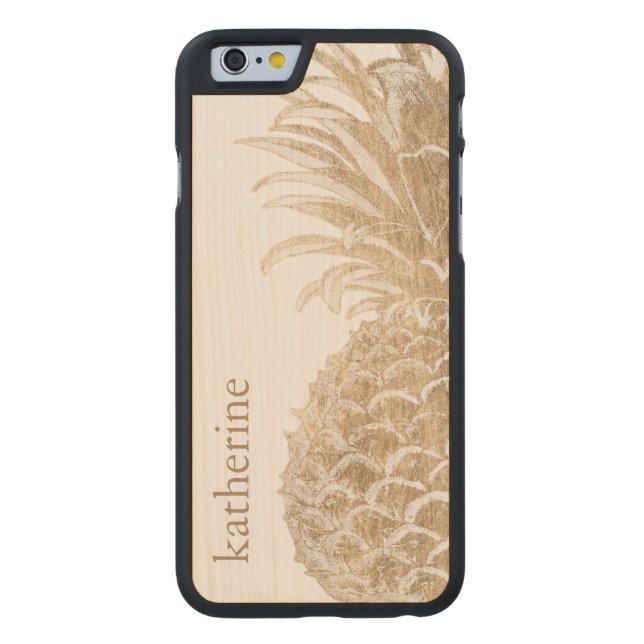 Jouw naam toevoegen | Goud tropisch dennappel Carved Wood iPhone Hoesje (Achterkant)