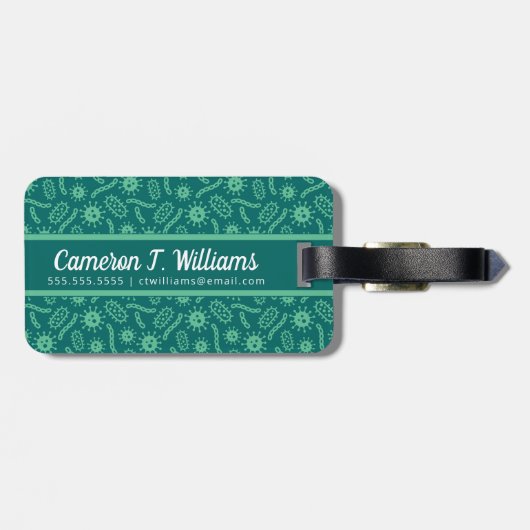 Jouw naam toevoegen | Groene microben-patroon Bagagelabel (Achterkant horizontaal)