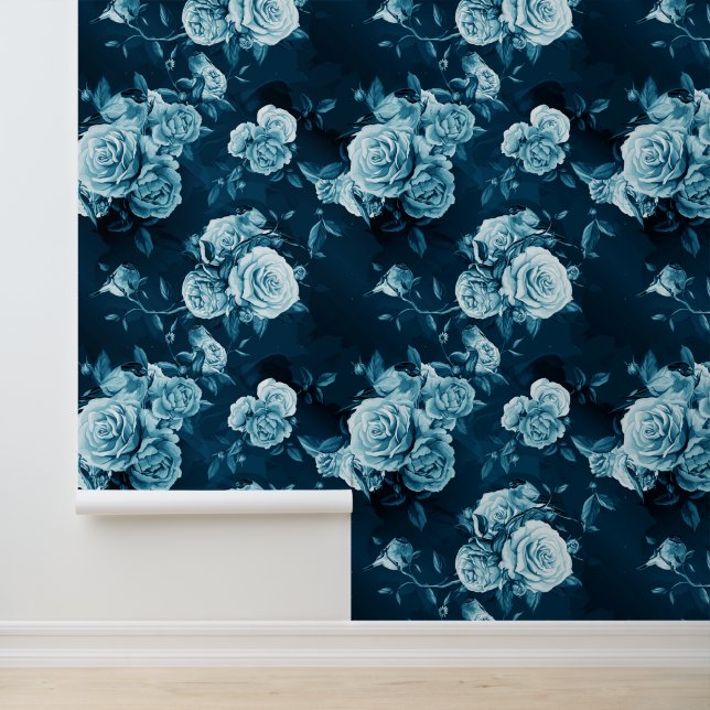 Jouw naam toevoegen | Klassiek blauw Roos patroon Behang (Applicatie)