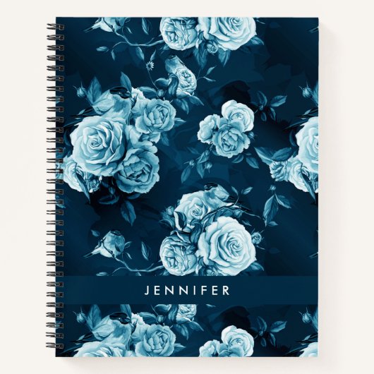 Jouw naam toevoegen | Klassiek blauw Roos patroon Notitieboek (Voorkant)