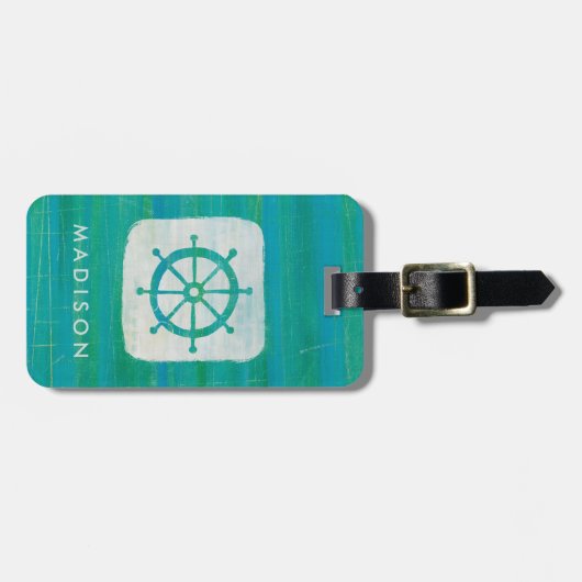 Jouw naam toevoegen | Kustkunst | Aqua stuurwiel Bagagelabel (Voorkant horizontaal)